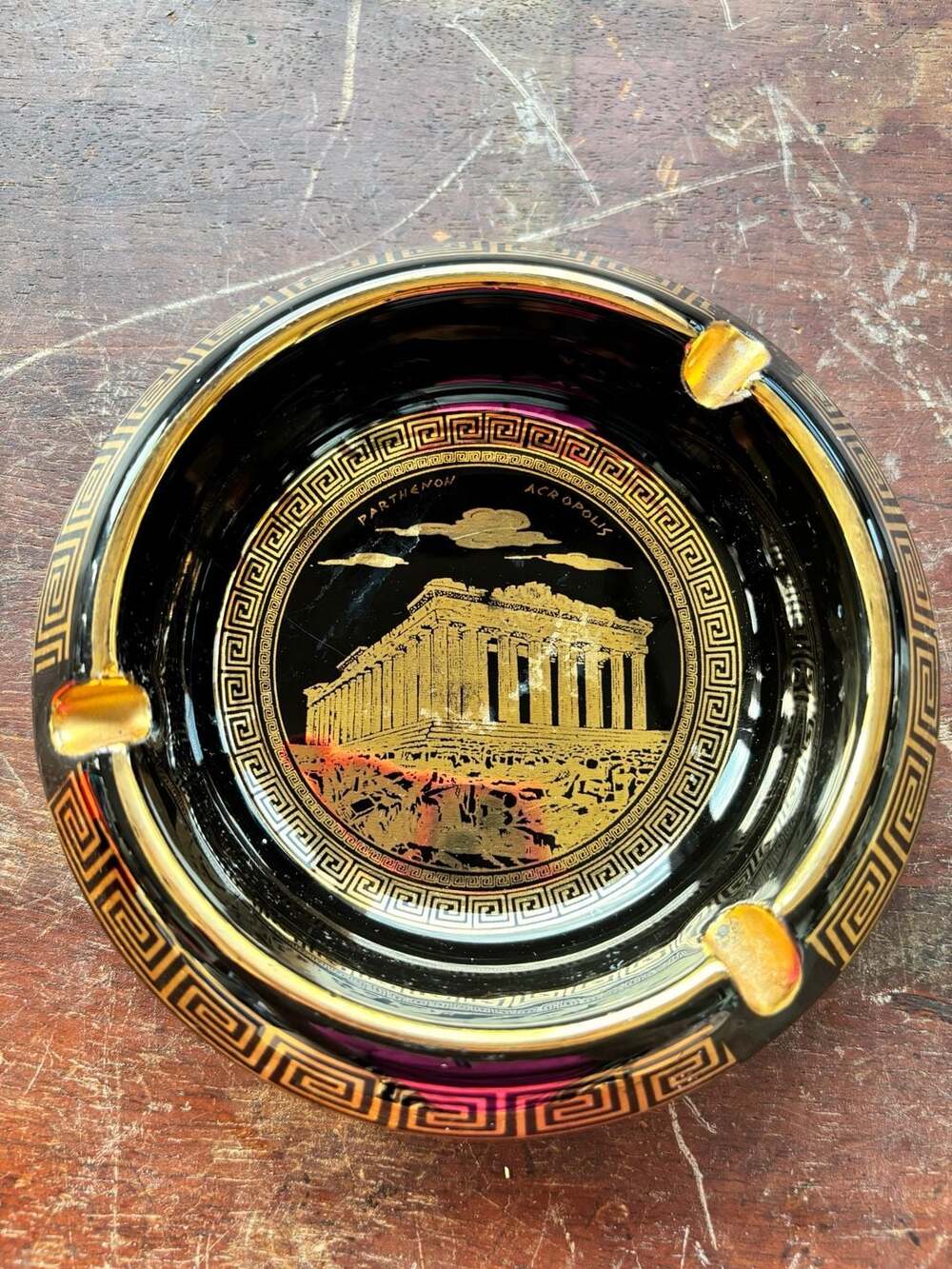 Vintage Hand Made in Greece 24K Gold Parthenon Acropolis Black Ceramic Ashtray